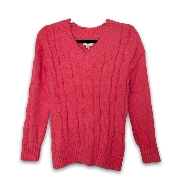 NWT LUCKY BRAND Coral Chunky Cable Knit V-Neck Pullover Fuzzy Eyelash Sweater XS - Picture 1 of 4